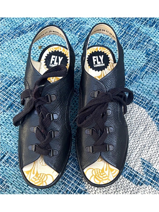Fly London Shoes - Fly London Black Leather Lace-Up Slingback Wedge Sandals